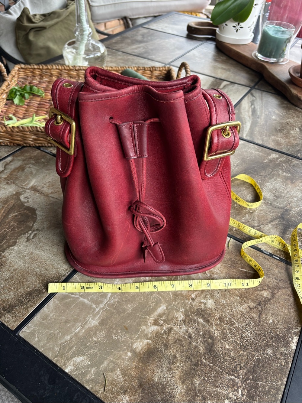 Vintage Coach Red Leather Drawstring Bucket Bag E4D-9952